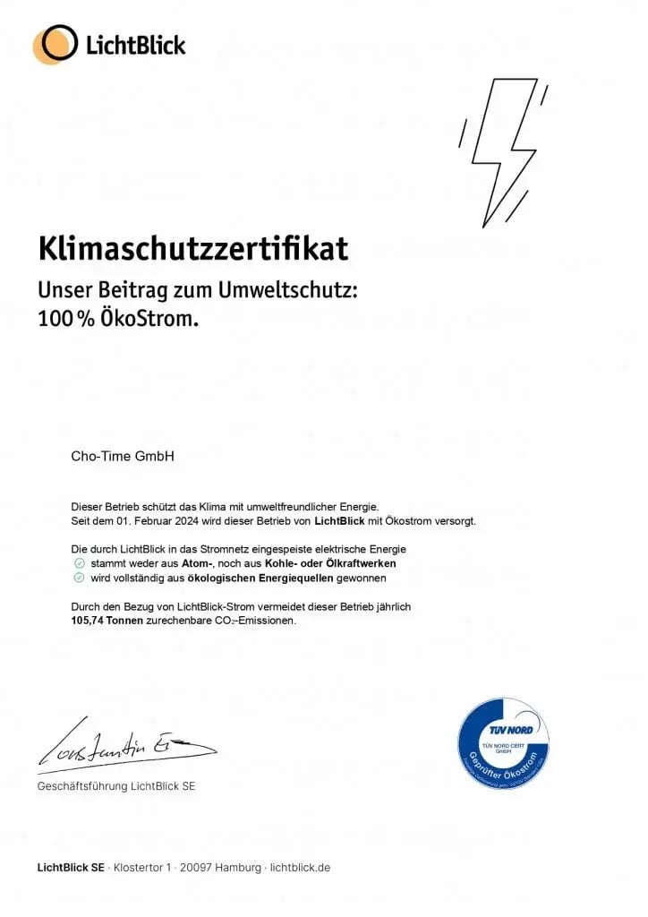 LichtBlick ÖkoStrom Zertifikat – CHO-TIME GmbH